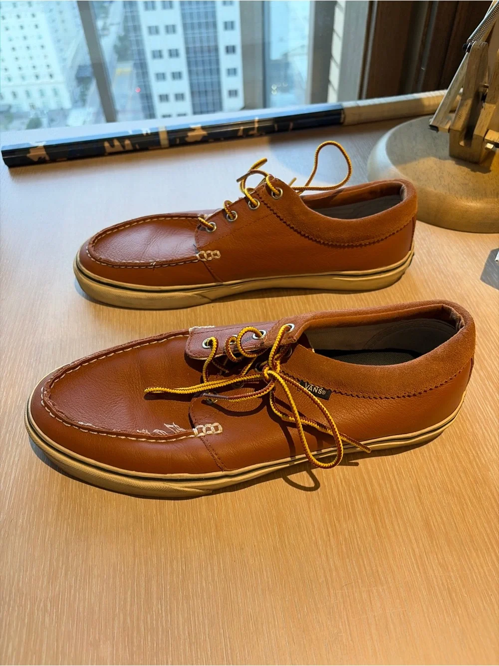 Vans Men’s Brown Leather Boat Shoes with Yellow Accents